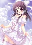  1girl bad_id bare_shoulders blush bow brown_hair caidychen cloud dress dress_lift garters hair_bow hakurei_reimu highres lens_flare open_mouth pinky_out purple_eyes short_hair sky smile sunlight thigh-highs thighhighs touhou white_dress zettai_ryouiki 