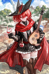  absurdres arknights black_dress black_gloves black_hat boots brown_boots cape chinese_commentary closed_mouth commentary_request dated dress exusiai_(arknights) exusiai_the_new_covenant_(arknights) exusiai_the_new_covenant_(the_legend_seeker)_(arknights) fingerless_gloves frilled_dress frills gloves hair_between_eyes hat hat_feather highres holding holding_instrument instrument making-of_available official_alternate_costume orange_eyes red_cape red_hair ribbed_thighhighs short_dress short_hair smile standing thigh-highs thigh_boots white_thighhighs yitai_zhi_meng 