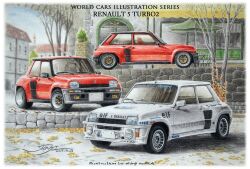  autumn_leaves awning border building car colored_pencil_(medium) commentary_request dated day highres leaf michelin motor_vehicle multiple_views no_humans original outdoors race_vehicle racecar radio_antenna rally_car red_car renault renault_5_turbo shin_iroenpitsu signature sponsor town traditional_media tree vehicle_focus vehicle_name white_border white_car 
