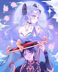  1boy 1girl armor bare_shoulders black_bodysuit black_bow black_choker black_eyes black_hair black_hat black_kimono black_nails black_sleeves blue_eyes blunt_ends bodysuit bow breasts choker closed_mouth clouds cloudy_sky commentary constellation covered_collarbone crescent crescent_earrings ear_piercing earrings eyelashes eyeliner eyeshadow falling_flower falling_petals fingernails flower foxtrot_(foxtrot_xx) full_moon genshin_impact gold gold_trim grey_eyeshadow grey_veil hair_bow hand_up hat highres japanese_armor japanese_clothes jewelry jingasa juban kimono kote kurokote leotard long_hair looking_at_viewer looking_to_the_side makeup mandarin_collar mitsudomoe_(shape) mona_(genshin_impact) moon night outdoors parted_lips petals piercing pink_flower pink_petals pink_rose purple_hair purple_rope red_eyeliner red_hat red_kimono rope rose scaramouche_(genshin_impact) shimenawa shoulder_peek silver_earrings silver_tiara single_sode sky small_breasts star_(sky) star_(symbol) star_earrings star_tattoo starry_sky strapless strapless_leotard tassel tattoo tomoe_(symbol) tsurime twintails untranslatable_commentary veil white_kimono white_leotard white_mouth white_rope wispy_bangs 