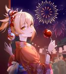  1girl :p absurdres aerial_fireworks bangle bangs bead_bracelet beads blonde_hair bracelet candy_apple commentary_request ddxls earrings fireworks fish_hair_ornament floral_print food from_side genshin_impact hair_ornament highres holding holding_food japanese_clothes jewelry kanzashi kimono long_hair looking_at_viewer night night_sky orange_kimono outdoors ponytail print_kimono red_eyeliner sidelocks sky solo_focus stud_earrings tongue tongue_out upper_body yellow_eyes yoimiya_(genshin_impact) 