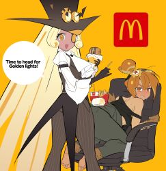  barefoot blush burger chair cookie_run cookie_run:_ovenbreak croissant_cookie cup curly_sidelocks disposable_cup drill_hair drill_ponytail eyepatch facing_back food french_fries gloves goggles goggles_on_headwear hat highres holding holding_food logo long_hair long_sleeves looking_at_viewer mcdonald's ohta_guk_hip ouji_fashion pants pinstripe_pants pinstripe_pattern selfcest simple_background speech_bubble sweat timekeeper_cookie top-down_bottom-up top_hat yellow_background yuri 