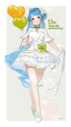  1girl alternate_costume anniversary balloon blue_eyes blue_hair blush bracelet breasts dress flower formal_clothes full_body gloves gradient_hair green_background hair_flower hair_ornament highres jewelry kantai_collection legband long_hair looking_at_viewer multicolored_hair open_mouth samidare_(kancolle) shoes smile solo vashli very_long_hair white_background white_shoes 