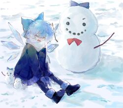  >:) 1girl alternate_costume black_boots blue_bow blue_coat blue_gloves blue_hair blue_pantyhose blue_skirt boots bow bowtie character_snowman cirno closed_eyes coat commentary fur-trimmed_boots fur_trim gloves hair_bow happy highres ice ice_wings illtenji laughing open_mouth own_hands_together pantyhose red_bow red_bowtie romaji_commentary scarf short_hair sitting skirt snow snowman solo touhou v-shaped_eyebrows white_scarf wings winter winter_clothes 