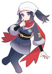  1girl absurdres akari_(pokemon) black_hair black_pantyhose black_sash blush closed_mouth galaxy_team_survey_corps_uniform grey_eyes grey_jacket headscarf highres jacket long_hair pantyhose pokemon pokemon_legends:_arceus ponytail red_scarf sash scarf shocho_(shaojiujiu) sidelocks simple_background smile white_background white_headscarf 