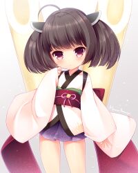 1girl ahoge amamiya_marron brown_hair commentary_request japanese_clothes kimono kiritanpo_(food) knife_hair_ornament obi oversized_food oversized_object sash short_kimono solo touhoku_kiritan twintails violet_eyes voiceroid white_kimono 