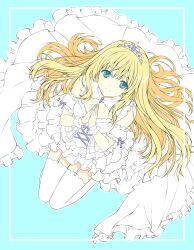  1girl blonde_hair blue_eyes breasts character_request commentary_request copyright_request crown dress highres large_breasts long_hair looking_at_viewer simple_background sitting solo thigh-highs white_dress white_thighhighs yamamoto_kazue 