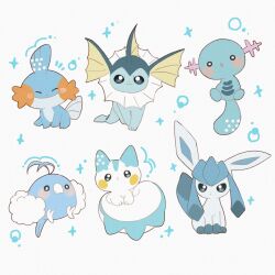  black_eyes blue_eyes blue_theme blush closed_mouth color_connection commentary full_body glaceon highres jira_077 mudkip no_humans open_mouth pachirisu pokemon pokemon_(creature) pokemon_focus simple_background smile swablu untranslatable_commentary vaporeon white_background wooper 