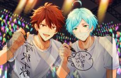  2boys absurdres ahoge blue_hair brown_eyes brown_hair clenched_teeth commentary_request crew_neck ensemble_stars! fingernails glowstick green_eyes hand_up highres holding holding_marker indoors looking_at_viewer male_focus marker morisawa_chiaki multiple_boys open_mouth parted_bangs penlight_(glowstick) shinkai_kanata shirt short_hair short_sleeves signature smile t-shirt teeth upper_body usui_(usui_koi) white_shirt 