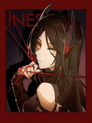  1girl absurdres arknights ayami_chan_0122 bare_shoulders black_hair black_horns border character_name chinese_commentary closed_mouth commentary_request film_grain hand_up highres horns ines_(arknights) long_hair outside_border parted_bangs red_border red_horns single_sleeve_past_wrist solo thread yellow_eyes 