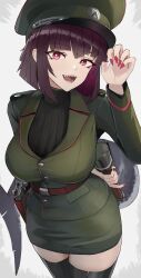  1girl absurdres belt black_sweater boots breasts browning_hi-power epaulettes explosive fins fish_tail grenade gun handgun hat highres holster holstered klottinen large_breasts looking_at_viewer military_uniform original peaked_cap red_eyes red_hair red_nails shark_girl shark_tail sharp_teeth short_hair simple_background solo stick_grenade stielhandgranate sweater tail teeth thigh_boots turtleneck turtleneck_sweater weapon white_background 