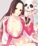  black_hair boa_hancock breasts cleavage earrings hands highres horns jewelry long_hair navel one_piece papillon10 salome_(one_piece) skull snake 