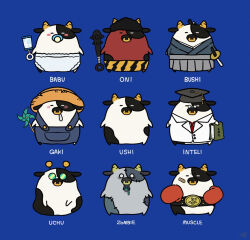  animal animal_focus antennae bandaid bandaid_on_cheek bandaid_on_face blue_background blush_stickers book boxing_gloves brown_hat bukurote chibi clothed_animal club_(weapon) commentary_request cow diaper food fruit glasses grey_hakama grey_hat grey_kimono hakama hakama_skirt hat holding holding_book japanese_clothes kanabou katana kimono lab_coat mortarboard necktie no_humans opaque_glasses open_mouth original overalls pacifier patchwork_skin pince-nez pinwheel rattle red_necktie romaji_commentary romaji_text saliva simple_background skirt strawberry sword translation_request weapon 