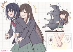  2girls adachi_sakura adachi_to_shimamura anger_vein animalization black_hair bow bowtie brown_hair chinese_commentary commentary_request green_eyes green_skirt grey_jacket haidao_mao hair_between_eyes hair_ornament hairclip highres holding_hands interlocked_fingers jacket long_hair medium_hair multiple_girls parallel_hairclips pleated_skirt red_bow red_bowtie shimamura_hougetsu skirt spoken_expression spoken_squiggle squiggle yuri 