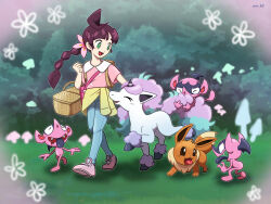  1girl :3 aoi_(comical_highway) artist_name backpack bag blue_pants braid brown_bag bush chloe_(pokemon) closed_eyes clothes_around_waist colored_tongue commentary_request drooling eevee eyelashes fangs galarian_ponyta green_eyes highres impidimp long_hair long_nose mouth_drool mushroom open_mouth pants picnic_basket pink_shirt pink_shoes pointy_ears pointy_nose pokemon pokemon_(anime) pokemon_(creature) pokemon_journeys purple_tongue red_hair shirt shoes short_sleeves single_braid smile tongue tongue_out 