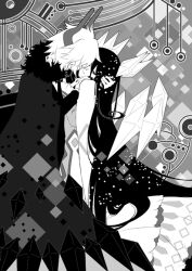  1boy 1girl abstract_background agito_su black_hair black_jacket black_nails cape closed_eyes colored_skin couple crystal_wings demon_boy demon_horns diamond_(shape) diamond_hair_ornament dress etihw_(funamusea) feet_out_of_frame fine_art_parody floating_headgear funamusea fur-trimmed_cape fur_trim grey_background grey_cape grey_horns greyscale haiiro_teien hand_on_another's_cheek hand_on_another's_face hand_on_another's_hand hand_on_another's_head headgear hetero horns jacket kcalb_(funamusea) kiss kissing_cheek long_hair long_sleeves monochrome nail_polish parody parted_lips pointy_ears short_hair the_kiss very_long_hair white_cape white_dress white_hair white_skin wings 