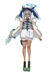  1girl animal_ears bare_legs blue_eyes blue_halo boots cat_ears dark_skin green_boots halo highres holding holding_weapon holster jacket kanako_(kankoillust6699) multicolored_hair original short_hair simple_background solo thigh_holster twintails two-tone_hair weapon weapon_request white_background white_jacket 