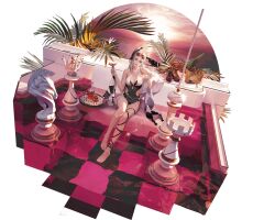  1girl alcohol artist_request black_one-piece_swimsuit black_ribbon black_shawl black_shoes blonde_hair blue_eyes breasts chess_piece chessboard clouds cocktail_glass collared_one-piece_swimsuit cup drinking_glass eirene_(path_to_nowhere) fern head_tilt heterochromia highres holding holding_cup jewelry king_(chess) knight_(chess) necklace official_alternate_costume official_art one-piece_swimsuit one_side_up orange-tinted_eyewear parted_lips path_to_nowhere pearl_belt pool queen_(chess) red_eyes red_ribbon ribbon rook_(chess) shawl shoes small_breasts smile sun sunset swimsuit tinted_eyewear two-tone_one-piece_swimsuit two-tone_shawl whiskey white_one-piece_swimsuit white_shawl 