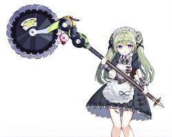  1girl apron bandaid bandaid_on_leg black_dress blush circular_saw commentary_request corin_wickes dress green_hair hair_between_eyes holding holding_saw holding_weapon huge_weapon long_hair looking_at_viewer maid maid_apron maid_headdress open_mouth puffy_sleeves rise_(riyyy202212) saw screw_hair_ornament short_sleeves simple_background solo twintails twitter_username violet_eyes weapon white_apron white_background zenless_zone_zero 