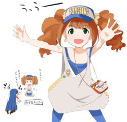  2girls arms_up bag blood blue_overalls brown_hair chibi collarbone commentary_request cowboy_shot deden green_eyes handbag hat idolmaster idolmaster_(classic) idolmaster_1 kisaragi_chihaya legs_apart long_hair looking_at_viewer multiple_girls multiple_views nosebleed open_mouth overalls revision simple_background smile takatsuki_yayoi translation_request twintails white_background 