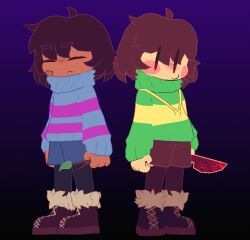  2024 2others 3d =_= ambiguous_gender back-to-back bandaid bandaid_on_face blender_(medium) blue_shorts blue_sweater bolttheman boots brown_boots brown_hair brown_pantyhose brown_shorts chara_(undertale) child commentary dark_background digital_media double_horizontal_stripe duo english_commentary frisk_(undertale) full_body fur-trimmed_boots fur_trim gradient_background green_sweater heart_necklace holding holding_knife holding_stick holding_weapon horizontal-striped_clothes human jewelry knife long_sleeves multiple_others necklace other_focus pantyhose pantyhose_under_shorts pink_stripes purple_background purple_pantyhose red_knife short_hair shorts single_horizontal_stripe smile standing stick striped_clothes striped_sleeves striped_sweater sweater two-tone_sweater undertale utdr_(toby_fox) weapon yellow_stripes |_| 