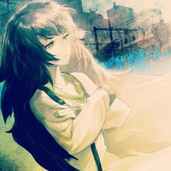  1girl blunt_bangs blurry blurry_background closed_mouth collar crossed_arms dress fingernails from_side frown green_collar green_dress green_eyes green_hair green_trim grey_jacket highres hiyajou_maho huke jacket long_hair long_sleeves looking_to_the_side messy_hair official_art outdoors science_adventure shirt solo steins;gate steins;gate_0 unamused upper_body very_long_hair 