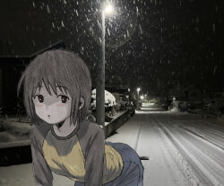  1girl :< bent_over black_shirt black_sky blue_skirt blurry blush bokeh breasts brown_eyes brown_hair bush commentary dark denim denim_skirt depth_of_field foliage from_side hands_on_own_knees highres house lamppost leaning_forward lie_00 long_sleeves looking_at_viewer looking_to_the_side nakahara_misaki nhk_ni_youkoso! night parted_lips photo_background raglan_sleeves raised_eyebrows retaining_wall road shaded_face shirt short_hair sketch skirt sky small_breasts snow snowing solo street t-shirt two-tone_shirt utility_pole winter yellow_shirt 