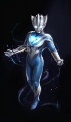  1boy alien artist_name aura black_background blue_aura blue_eyes blue_skin castlings clenched_hand collarbone color_timer colored_skin commentary compound_eyes dorsal_fin full_body giant giant_male glowing glowing_chest glowing_eyes legs_together light_particles looking_ahead male_focus multicolored_skin no_pupils open_hand pectorals pointy_ears silver_skin simple_background solo tokusatsu toned toned_male two-tone_skin ultra_series ultraman_teo ultraman_teo_(series) watermark 
