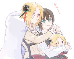  2girls aoi_erika blonde_hair blue_eyes brown_hair character_doll closed_mouth coat doll fur_coat grey_vest heaven_burns_red highres holding holding_stuffed_toy hug hug_from_behind minase_ichigo multiple_girls open_mouth sailor_collar shirt short_hair simple_background stuffed_toy vest violet_eyes wbon white_background white_fur white_shirt 
