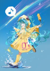  1girl :d absurdres aqua_eyes aqua_nails blue_background boots character_name closed_umbrella commentary eighth_note english_commentary floating_hair frog full_body hair_ornament hair_through_headwear hatsune_miku highres holding holding_umbrella hood hood_up liquid_hair long_hair looking_at_viewer musical_note one_side_up open_mouth outstretched_arms puddle raincoat rubber_boots running see-through_clothes see-through_sleeves shooting_star sky smile speech_bubble splashing spoken_musical_note spread_arms umbrella very_long_hair vocaloid watakokyu water water_drop wide_sleeves yellow_boots yellow_raincoat 