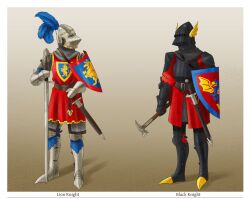  2boys armet armor axe bascinet boots brown_background cape chainmail covered_face dragon_symbol full_body gradient_background greaves hammer helmet highres hounskull lego_castle medieval multiple_boys realistic red_eyes riding_boots sabaton sallet shield simple_background sword the_lego_group weapon wide_sleeves 