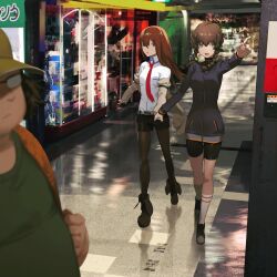  1boy 2girls :o amane_suzuha arm_belt bag baseball_cap belt bike_shorts black_boots black_pantyhose black_shorts blue_jacket blurry blurry_foreground boots braid breast_pocket breasts brown_hair brown_jacket brown_shoes collared_shirt expressionless fat fat_man full_body glasses green_shirt grey_eyes hair_between_eyes hair_over_shoulder hair_tie hand_grab hashida_itaru hat high_collar highres holding holding_bag huke jacket jacket_partially_removed kneehighs leather_belt long_hair long_sleeves makise_kurisu medium_hair multiple_girls necktie official_artist_extra opaque_glasses orange_trim outdoors outstretched_arm pantyhose pocket pointing purple_trim red_necktie science_adventure shirt shoes shopping short_shorts shorts shoulder_bag small_breasts smile sneakers socks standing star_(symbol) star_in_eye steins;gate striped_clothes striped_socks surprised symbol_in_eye t-shirt track_jacket twin_braids twintails white_belt white_shirt yellow_eyes yellow_hat zipper zipper_pull_tab 
