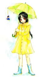  1boy alternate_costume bikke3 black_hair boots closed_mouth commentary_request facial_mark fire_emblem fire_emblem:_path_of_radiance forehead_mark holding holding_umbrella long_hair male_focus raincoat red_eyes rubber_boots solo soren_(fire_emblem) teruterubouzu umbrella yellow_raincoat 