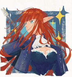  1girl ascot black_bustier blue_eyes blunt_bangs bustier collared_coat colorful_background commentary diurnatio frilled_bustier frills highres hime_cut hulkenberg_(metaphor:_refantazio) long_hair long_pointy_ears looking_to_the_side metaphor:_refantazio parted_lips pointy_ears red_hair solo sparkle untranslatable_commentary upper_body weapon white_ascot 