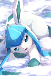  :d commentary_request day glaceon green_eyes highres looking_at_viewer no_humans open_mouth outdoors pokemon pokemon_(creature) pokemon_focus rumine_(yoshi1234567) smile snow solo 