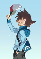  1boy arm_up bag baseball_cap black_pants blue_bag blue_jacket brown_hair closed_eyes commentary_request cowboy_shot grin hand_in_pocket hat highres hilbert_(pokemon) hitotose_rinne holding holding_unworn_clothes holding_unworn_hat hood hood_down hooded_jacket jacket long_sleeves male_focus multicolored_hat pants pokemon pokemon_black_and_white shoulder_bag smile solo spiky_hair standing unworn_hat unworn_headwear 