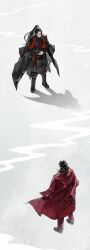 2boys absurdres baggy_pants black_hair black_hanfu black_jacket boots chinese_clothes cross_scar curtained_hair full_body hand_on_own_stomach hanfu high_ponytail highres jacket jacket_on_shoulders jia_qiu_(project_moon) lei_heng_(project_moon) limbus_company male_focus multiple_boys pants ponytail project_moon red_jacket rombit_peace rope_belt scar scar_on_face scarf shadow standing stole xiao_guan_(headdress) 
