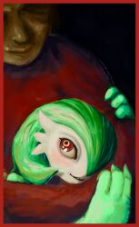  1girl 1other absurdres arm_hug artist_name black_background blush bob_cut border buck_teeth colored_skin commentary dated english_commentary faceless gardevoir green_hair green_skin hair_over_one_eye halfbaked-hope happy highres hug long_sleeves looking_at_another multicolored_eyes multicolored_skin mutual_hug no_lineart one_eye_covered open_mouth pokemon pokemon_(creature) red_border red_eyes red_shirt shirt short_hair signature simple_background smile teeth two-tone_skin uncanny_valley white_skin yellow_eyes 