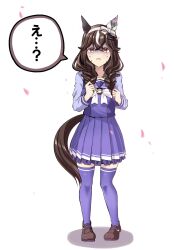  1girl animal_ears bow bowtie braid braided_sidelocks brown_hair brown_shoes commentary_request curren_bouquetd'or_(umamusume) full_body gloom_(expression) grey_eyes hair_between_eyes highres horse_ears horse_girl large_bow loafers long_hair long_sleeves looking_at_viewer low_twin_braids mismatched_ear_covers multicolored_hair pleated_skirt purple_serafuku purple_shirt purple_skirt purple_thighhighs sailor_collar sailor_shirt school_uniform serafuku shino_(ponjiyuusu) shirt shoes sidelocks simple_background skirt solo streaked_hair thigh-highs tracen_school_uniform translation_request twin_braids umamusume white_background white_bow white_bowtie white_streaks winter_uniform 