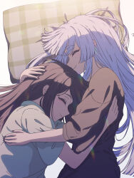  2girls absurdres black_hair black_shirt cho_kaguya-hime! closed_eyes closed_mouth commentary_request green_shirt hand_on_another's_head happy highres hug long_hair lying multiple_girls on_side pillow runami_yachiyo sakayori_iroha shirt sidelocks simple_background smile thereaakari white_background white_hair yuri 