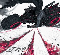  1boy absurdres akira_(manga) akira_slide bandaged_arm bandaged_hand bandages batman batman_(series) biker_clothes black_cape black_mask blood bodysuit cape commentary copyright_name dc_comics debris english_commentary gloves grey_bodysuit grey_gloves highres male_focus mask motor_vehicle motorcycle on_motorcycle rxzarx solo the_batman_(2022) weapon 