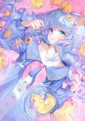  1girl blue_dress blue_hair blue_sailor_collar blue_sleeves commentary_request dress green_eyes hair_ornament hairclip highres holding holding_jewelry holding_necklace jewelry long_hair long_sleeves looking_at_viewer neckerchief necklace original pink_neckerchief ripples rubber_duck sailor_collar school_uniform smile suzuri_suzuna underwater upper_body 