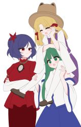  3girls blonde_hair blue_skirt blush brown_hat carrying chimi_(s2yuyukos2) closed_eyes closed_mouth commentary crossed_arms green_eyes green_hair hair_ornament hair_ribbon hat highres kochiya_sanae layered_sleeves leaf_hair_ornament long_hair long_sleeves mirror moriya_family_(touhou) moriya_suwako multiple_girls open_mouth princess_carry purple_hair purple_skirt purple_vest red_eyes red_ribbon red_shirt red_skirt ribbon shirt short_over_long_sleeves short_sleeves shoulder_carry simple_background skirt skirt_set smile thigh-highs touhou very_long_hair vest white_background white_thighhighs yasaka_kanako 