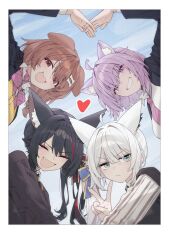  4girls :3 :d ahoge animal_ear_fluff animal_ears black_hair blue_eyes bone_hair_ornament bow bowtie brown_eyes brown_hair cartoon_bone cat_ears cat_girl closed_eyes collar dog_ears dog_girl fang fox_ears fox_girl from_below grin hair_ornament heart highres hololive hololive_gamers interlocked_fingers inugami_korone long_hair long_sleeves making-of_available multicolored_hair multiple_girls necktie nekomata_okayu ookami_mio pink_bow pink_bowtie pink_collar pink_necktie purple_hair red_streaks rimori22 school_uniform shirakami_fubuki side_ponytail smile streaked_hair v violet_eyes virtual_youtuber white_hair wolf_ears wolf_girl 