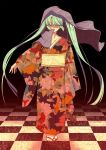  checkered checkered_floor furai green_hair hatsune_miku highres japanese_clothes kimono long_hair solo twintails vocaloid 