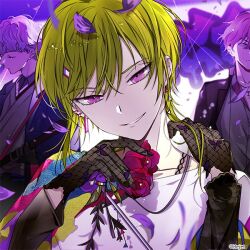  3boys ama_(dear_vocalist) black_gloves black_jacket brown_hair closed_eyes collarbone collared_shirt commentary_request copyright_name dear_vocalist ear_piercing earrings fishnet_gloves fishnets flower gloves green_hair grey_eyes grey_hair grey_shirt hair_between_eyes hand_on_own_chin hand_on_own_shoulder hands_up head_tilt holding holding_flower jacket japanese_clothes jewelry long_sleeves looking_at_viewer male_focus medium_hair momochi_(dear_vocalist) mullet multicolored_shirt multiple_boys nail_polish official_art ohgi_(dear_vocalist) open_clothes open_jacket parted_lips piercing purple_nails raised_eyebrow red_flower shirt short_hair single_sidelock sneer solo_focus stage straight-on suou_(sdurorhr) upper_body white_shirt 