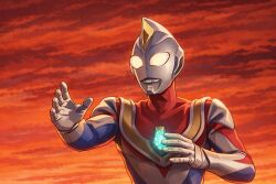  1boy alien blue_skin chest_guard clouds cloudy_sky collarbone color_timer colored_skin commentary compound_eyes crystal dorsal_fin fighting_stance fingernails forehead_jewel giant giant_male glowing glowing_eyes hands_up looking_ahead male_focus multicolored_skin no_pupils open_hands orange_sky outdoors outstretched_arm pectorals red_skin silver_skin sky solo tokusatsu toned toned_male ultra_series ultraman_dyna ultraman_dyna_(flash_type) ultraman_dyna_(series) upper_body white_eyes wrinkled_skin zlatan_yusuke 
