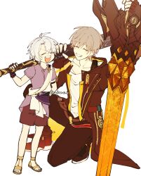  2boys aged_down ancient_greek_clothes antenna_hair arm_ribbon arm_up artist_name baseball_bat belt black_boots black_gloves black_jacket black_pants black_sash boots brown_belt brown_shorts caelus_(honkai:_star_rail) chain child closed_eyes collarbone crossed_bangs fingerless_gloves full_body gladiator_sandals gloves gold_chain gold_sandals greco-roman_clothes grey_hair hair_between_eyes hand_up highres himation holding holding_baseball_bat holding_sword holding_weapon honkai:_star_rail honkai_(series) hood hooded_jacket jacket lapels male_focus multiple_belts multiple_boys official_alternate_costume on_one_knee open_clothes open_jacket open_mouth pants phainon_(a_dream_scented_in_wheat)_(honkai:_star_rail) phainon_(honkai:_star_rail) pocket_watch purple_shirt red_belt ribbon sakae_0_0 sandals sash shirt short_hair short_sleeves shorts smile spread_legs standing star_ornament sword t-shirt tassel teeth tongue trailblazer_(honkai:_star_rail) two-sided_fabric two-sided_jacket v-shaped_eyebrows watch weapon white_hair white_shirt yellow_jacket 