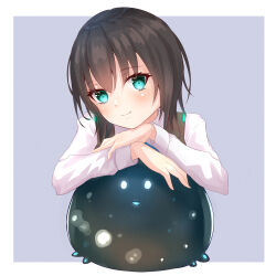  1girl aoi_erika aqua_eyes black_hair blush border closed_mouth commentary_request eyelashes eyes_visible_through_hair film_grain glowing glowing_eyes grey_background hair_between_eyes hands_up heaven_burns_red highres long_sleeves looking_at_viewer medium_hair narby_(heaven_burns_red) on_creature outside_border shirt silisino simple_background slime_(creature) smile solo split_mouth upper_body white_border white_shirt 