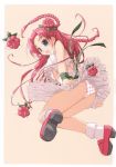  1girl absurdres akata_itsuki black_eyes bra braid copyright_request flower food food_themed_clothes from_below fruit hair_flower hair_ornament highres panties pink_hair raspberry shoes skirt skirt_lift socks underwear 